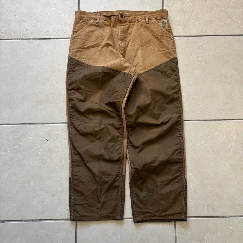 Carhartt Mens Duck Canvas Hunting Pants Brown Two Tone Reinforced Leg 36x28